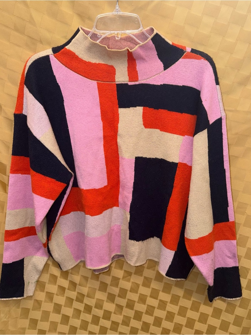 Anthropologie Abstract Colorblock Crewneck Sweater in Pink, Red, Black, Cream